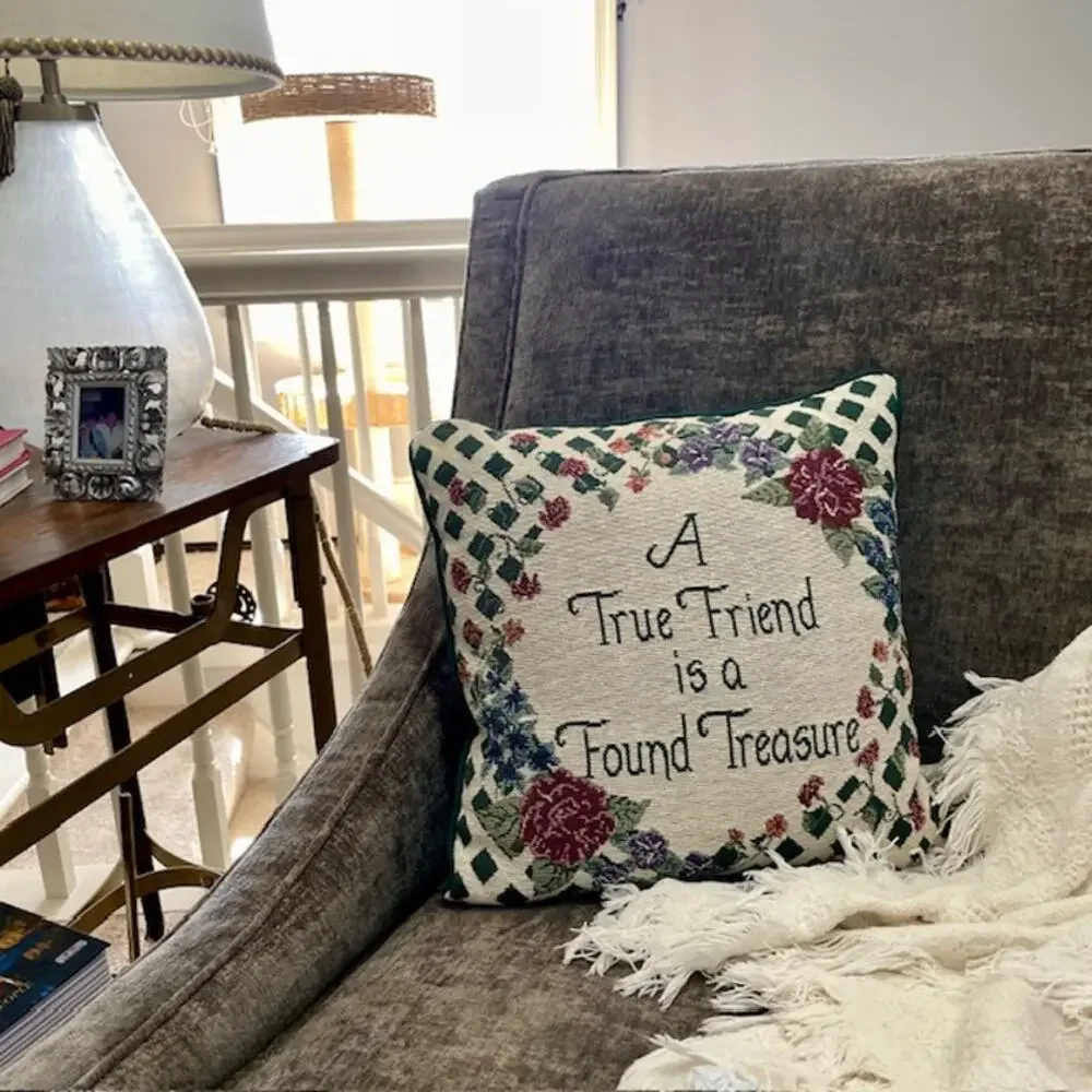 Vintage Style Tapestry Throw Pillow 17in Friendship Cottagecore Farmhouse Gift